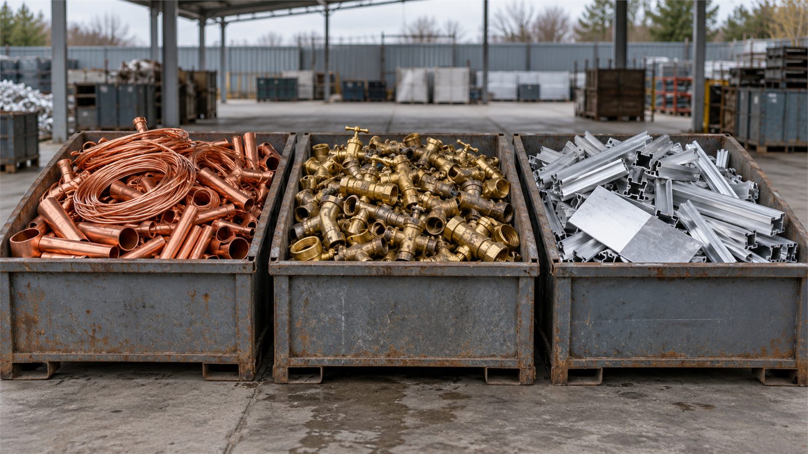 Miedź, mosiądz i aluminium posegregowane w skrzyniach – skup metali kolorowych, Kłobuck