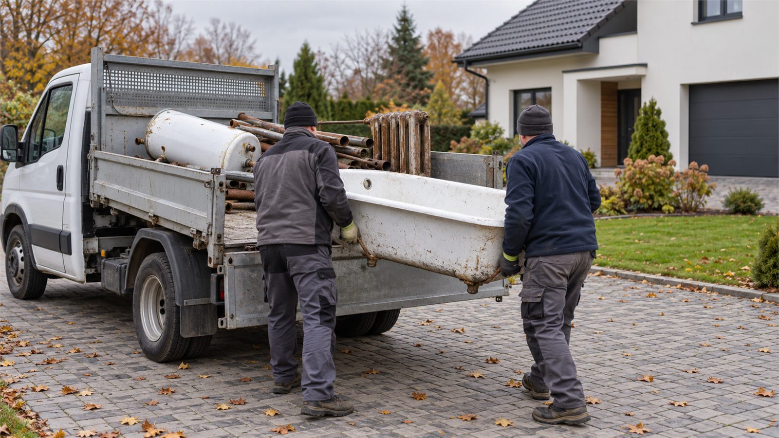Stara wanna i bojler ładowane na samochód skrzyniowy – transport złomu, Kłobuck